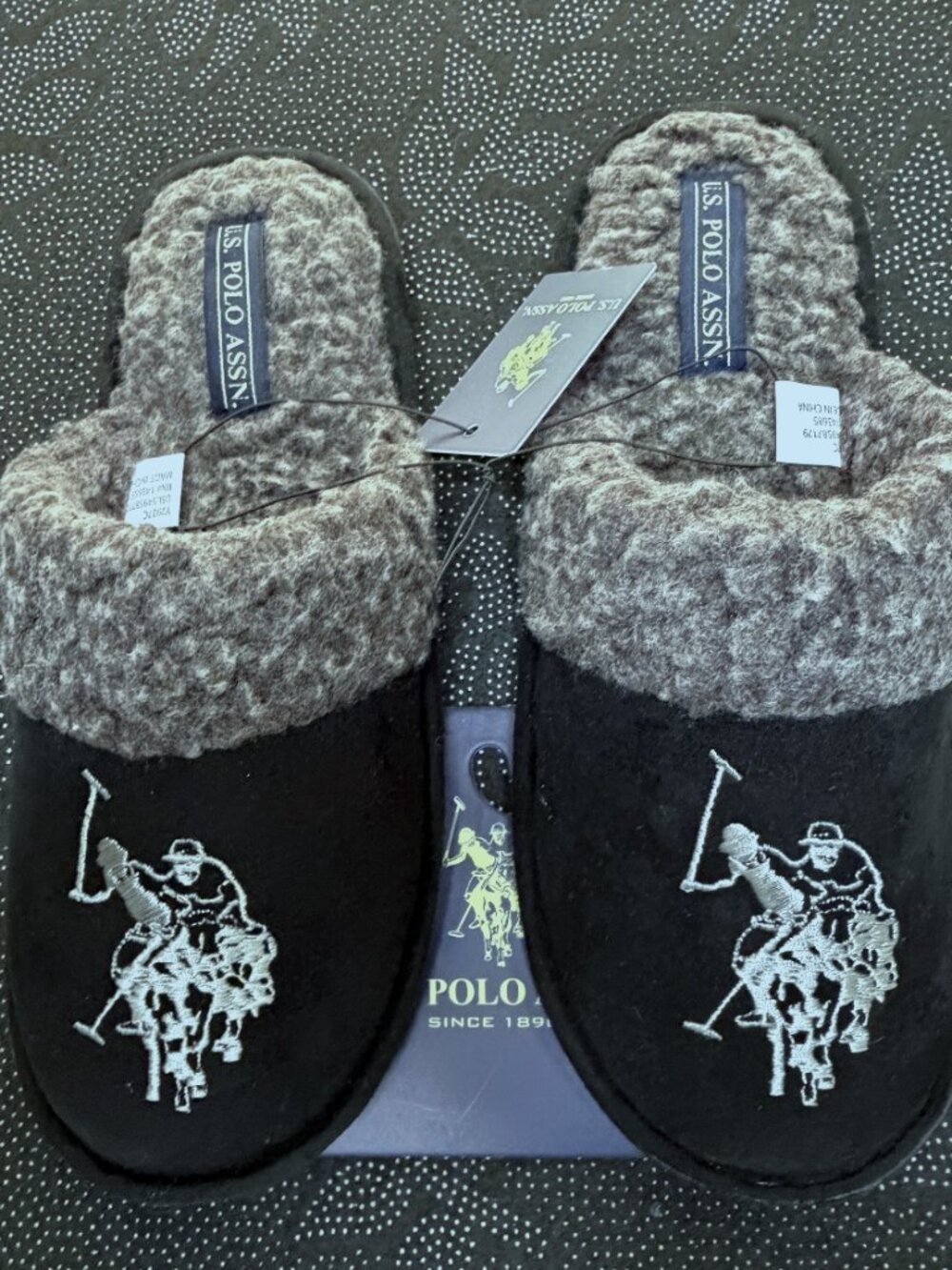 U.S. Polo Assn. Men’s Cozy Slip-On Slippers – Black/Gray Men's Size 9/10